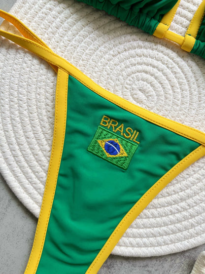 RUOTONSEPT Sexy Embroidery Brasil Flag Contrast Split Bikini Set Women Swimwear Patchwork Swimsuit Hottie Outfit SummerBeachwear