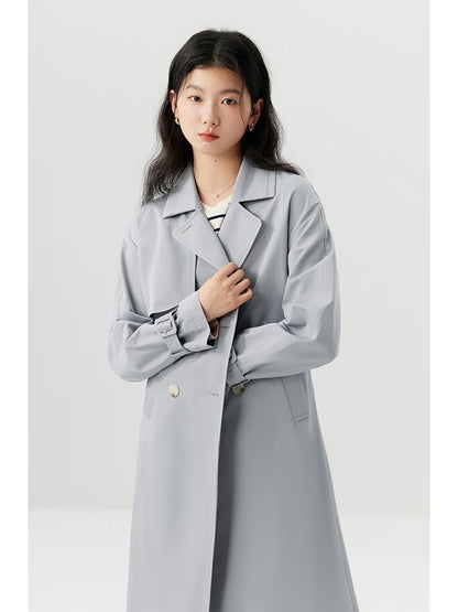 ZIQIAO Simple Double Breasted Long Straight Spring Trench Raglan Sleeve Turn-down Collar Female Blue Grey Trench Coat 24ZQ91232