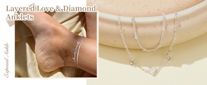 925 Sliver Plated CZ Anklet Bracelets for Women Girl Trendy New Waterproof Heart Charm Dainty Layer Chain Anklets Jewelry Gifts