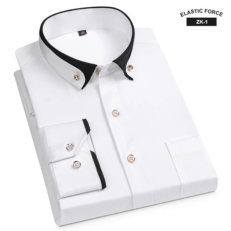 New Fashion Spring Elastic Non-iron Long-sleeved Shirt Men's Youth Crystal Button Patchwork Collar Not Cotton Business Shirt Men