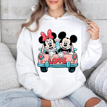 Mickey Minnie Disney Mouse Love Car Print Hoodie for Women Sports Sweatshirt Casual Tops Loose Clothing