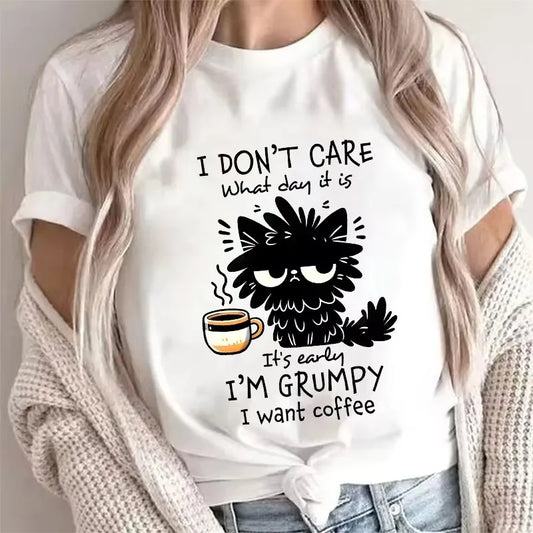 I Want Coffee T Shirt Women Funny Cat Tshirt Summer Short Sleeve Y2k Tops Fashion Hip Hop Tees Clothes