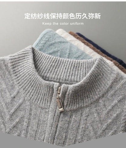 autumn and winter New 100% merino wool cardigan men's semi-high-necked diamond-shaped thick jacquard knitted jacket