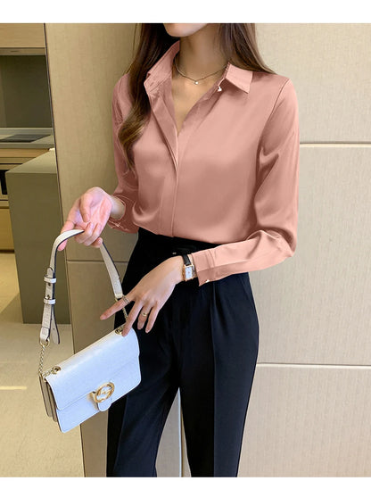 Satin Women Shirt Vintage Long Sleeve Blouse Women Silk Elegant Womens Tops Commuting Luxury White Shirt Autumn Female Clothing