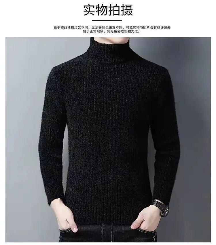 Trend Fashion Autumn Winter Sweaters Men Solid Turtleneck Mink Cashmere Thicken Smart Casual Long Sleeve Pullovers Knitted Tops