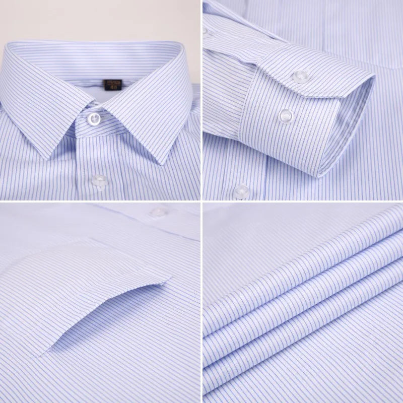 High Quality Cotton Men Dress Long Sleeve Shirt 2025 New Solid Male Plus Size Regular Fit Stripe Business Shirt White Blue