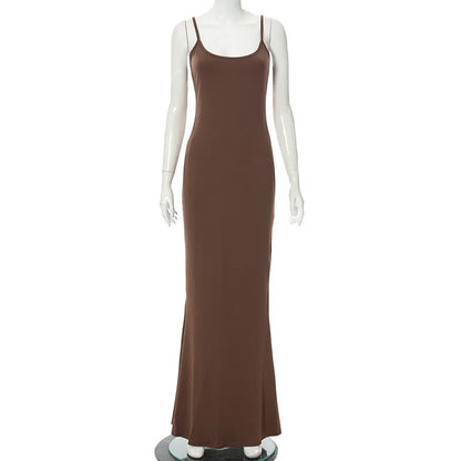 Y2K Sexy Maxi Dress for Women 2024 Autumn Backless Slim Party Dress Pullover Concise платье Female Long Bodycon Brown Vestidos