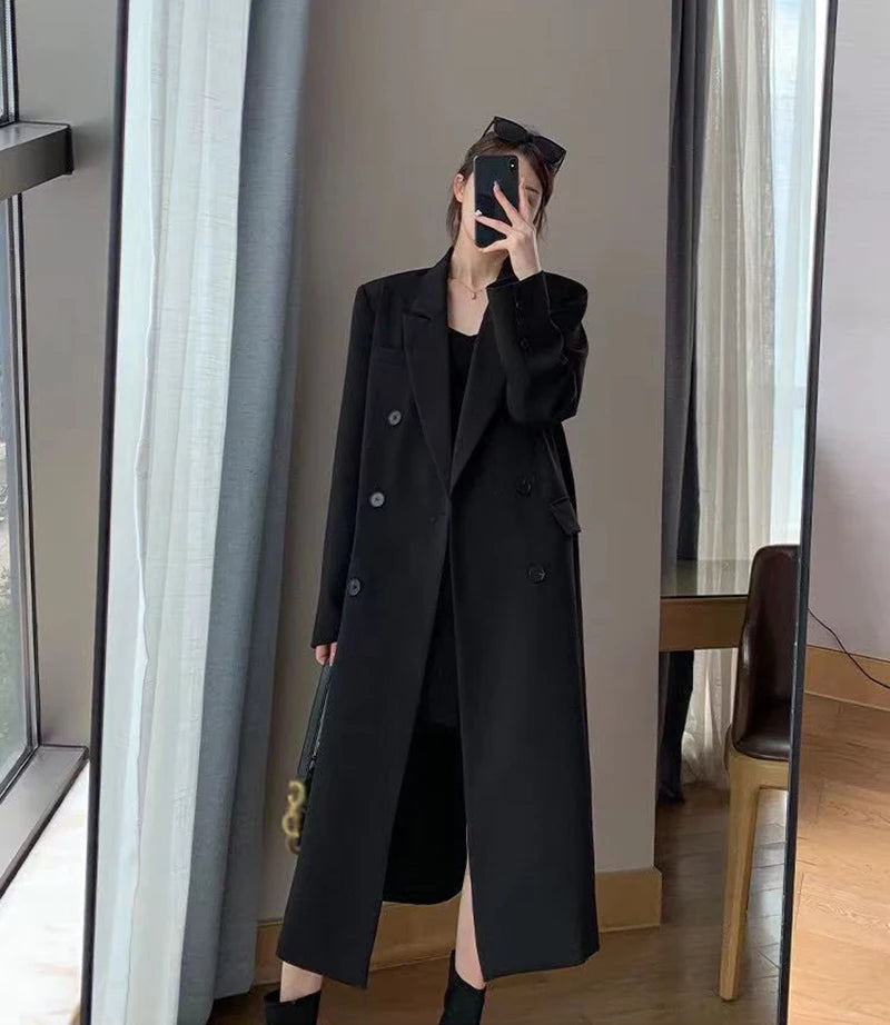 Long Trench Coat Women Office Lady Elegant Double Breasted Blazer Jacket Streetwear Overcoats Korean Harajuku Casual Windbreaker