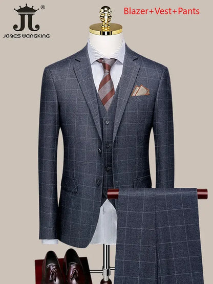 Blazer Vest Pants Luxury High-end Brand Boutique Plaid Casual Business Suit 3 Pcs and 2 Pcs Set Groom Wedding Party Dress Jacket