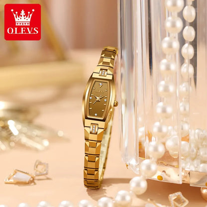 OLEVS Slim Thin Watch for Women Luxury Tungsten Steel Band Tonneau Design Square Shape Elegant Diamond Quartz Ladies Watch