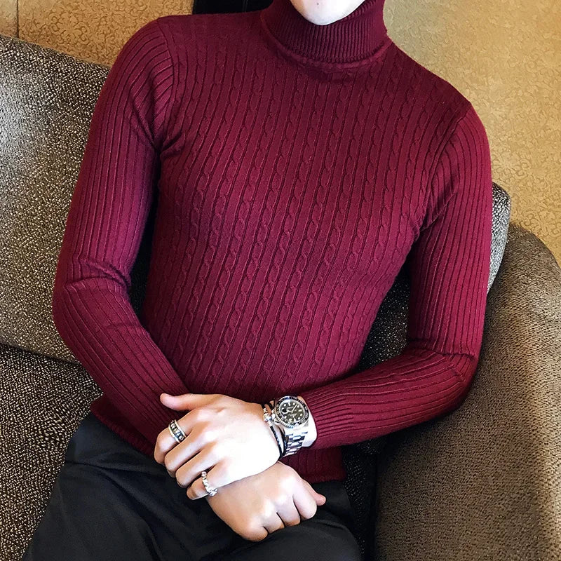 2025 Korean Slim Solid Color Turtleneck Sweater Mens Winter Long Sleeve Warm Knit Sweater Classic Solid Casual Bottoming Shirt