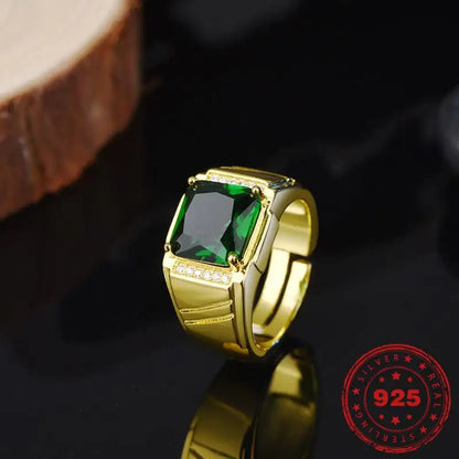 HOYON four-claw emerald domineering 14K gold color men's ring fashion square diamond emerald style ring for gift