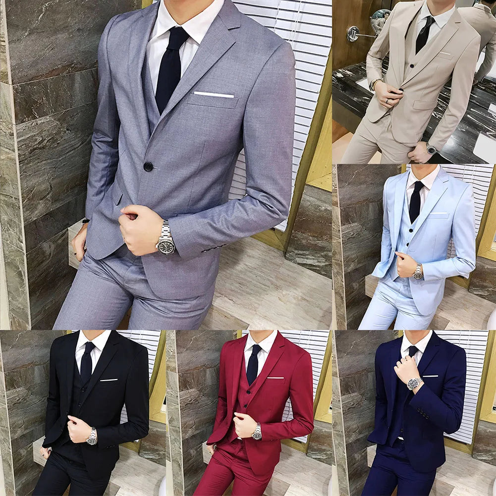 Men Suit Regular Slight Stretch Solid Color Three Piece Set Trousers Blazer Waistcoat Casual For Office Business