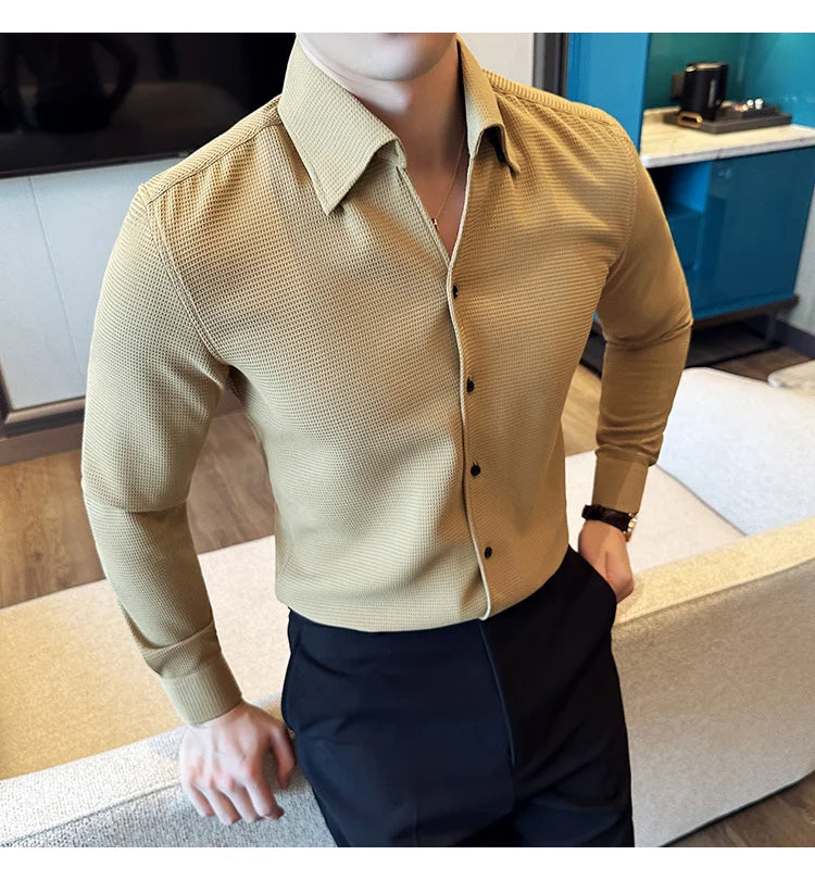 Autumn Solid Color Waffle Shirt Men Slim Fit V Neck Long Sleeve Casual Business Formal Dress Shirts Social Party Streetwear 4XL