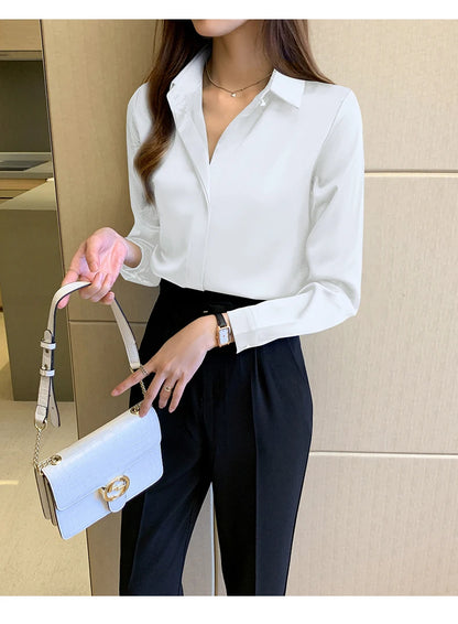 Satin Women Shirt Vintage Long Sleeve Blouse Women Silk Elegant Womens Tops Commuting Luxury White Shirt Autumn Female Clothing