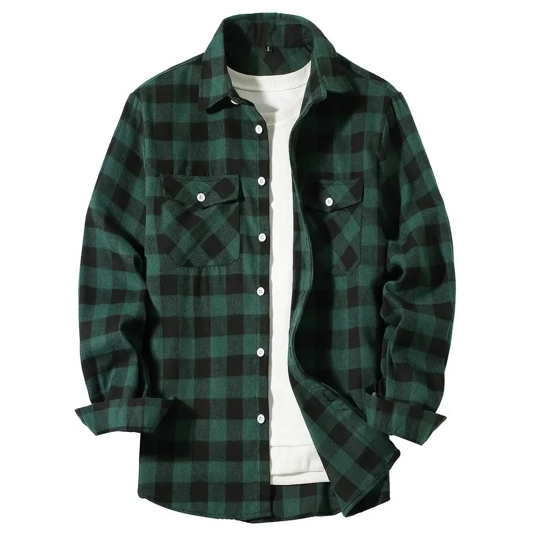 2024 Autumn Men Jacket Tops Single Breasted Casual Plaid Shirt Long Sleeve Chest Double Pocket Hip Hop Design Stitching ShirtS