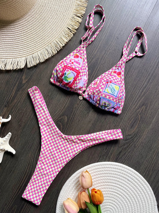 Plaid Printed Brazilian High Leg Cut Bikini Women Swimwear Female Swimsuit Two-pieces Bikini set Bather Bathing Suit Swim