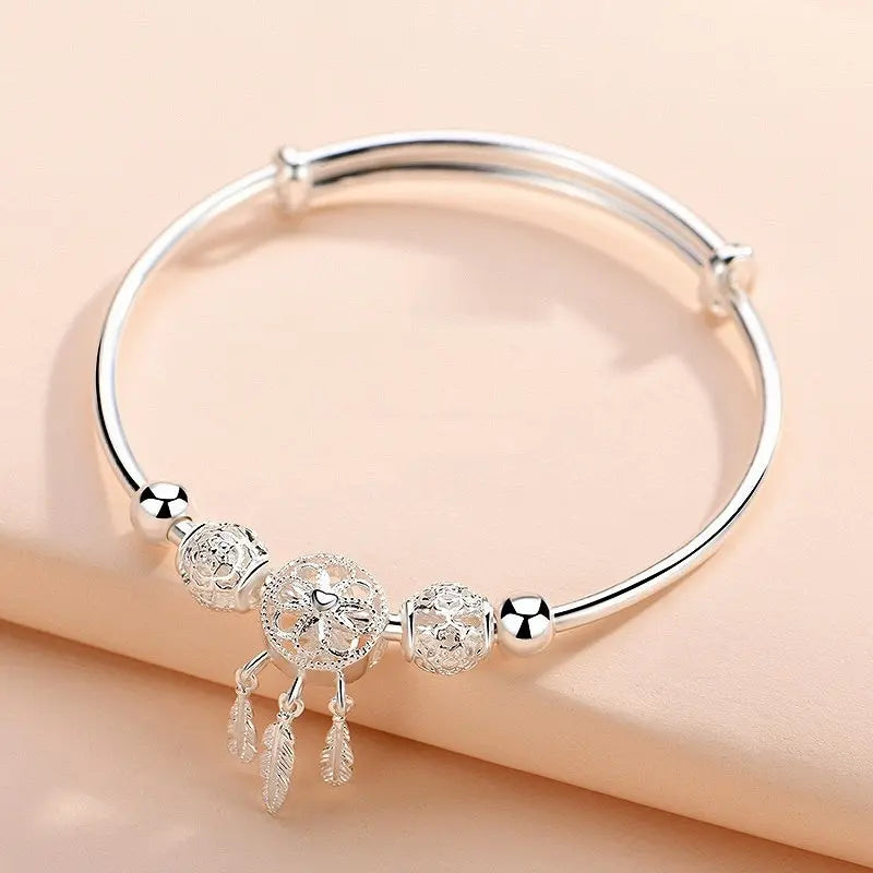 1pcs Copper Alloy Silver Plated Bracelet Ladies Cold Wind Dreamcatcher Leaves Tassel Turn Beads Jewelry