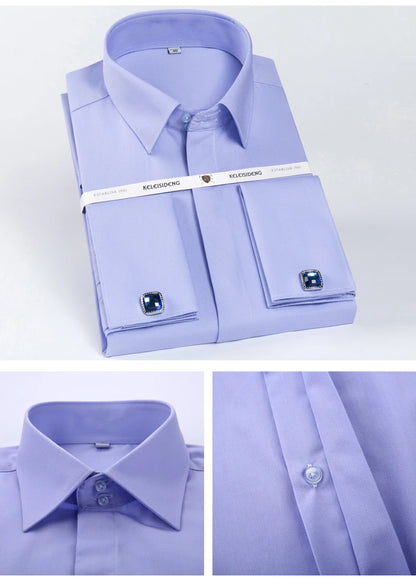 Men's Classic Fly Front Placket French Cuffs Dress Shirt Without Pocket Full Sleeve Standard-fit Banquet Wedding White Shirts