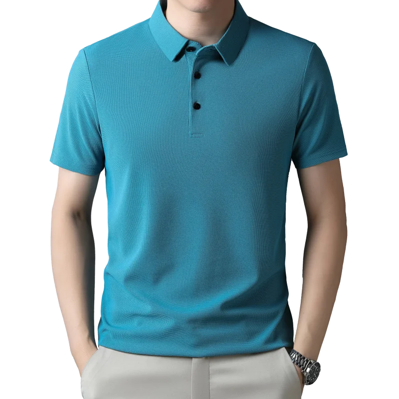 Men's Fashion Waffle Solid Short Sleeved Polo Shirt Summer Breathable Comfortable Top