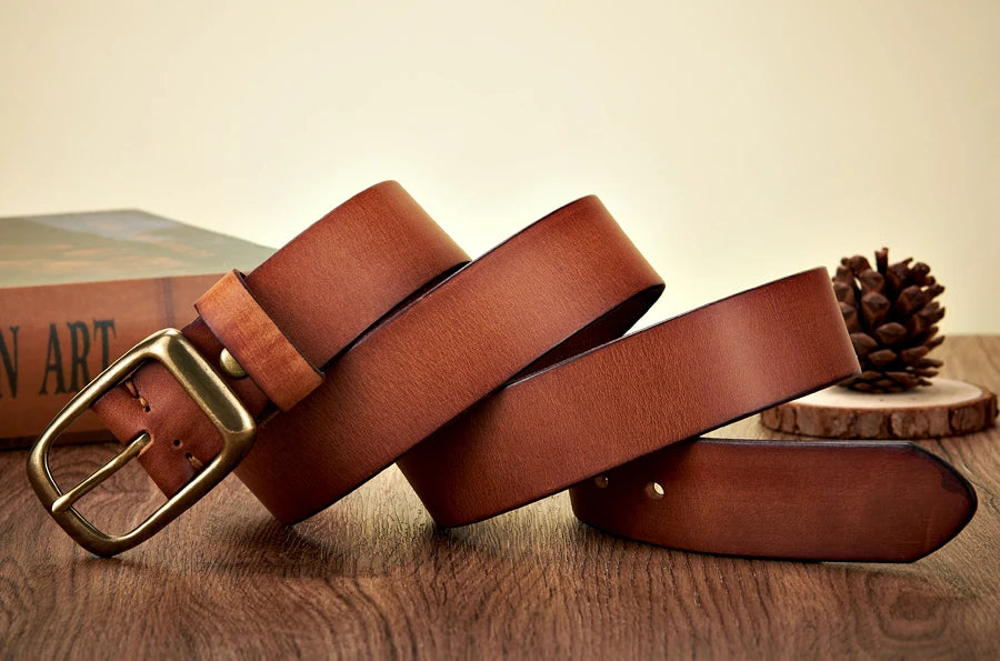 3.3CM High Quality Natural  Cowskin Genuine Leather Belt Men Casual Copper Buckle Business Male Strap For Jeans Cowboy Cintos