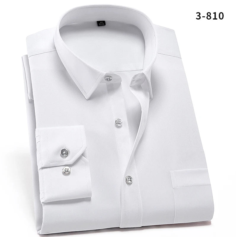 2024 Non-Iron Solid Stretch Shirts for Men Long Sleeve Dress Shirt Men Regular Fit with Front Pocket Soft Easycare Formal Top