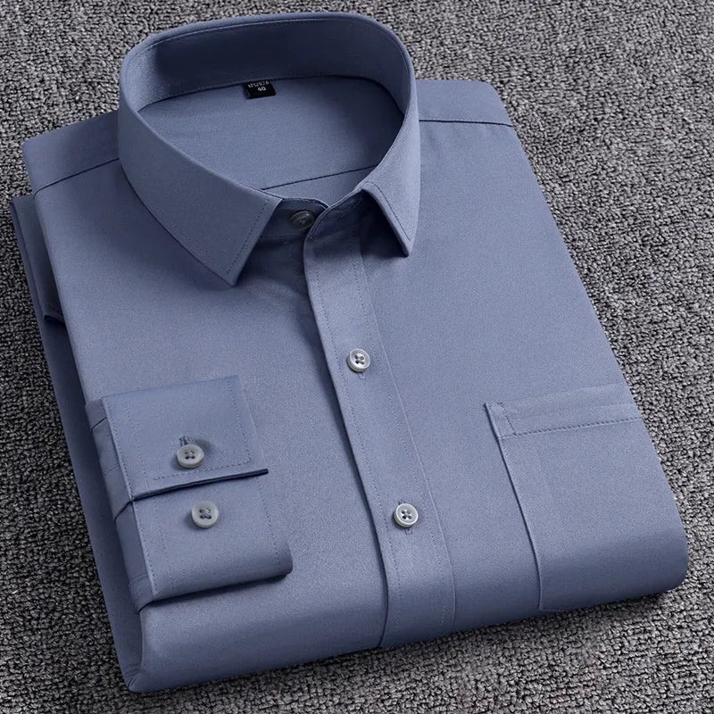 New Men's Dress Shirt Fashion With Left pocket No ironing Wrinkle Resistant Classic Solid Color Business Formal Social Shirt 5XL