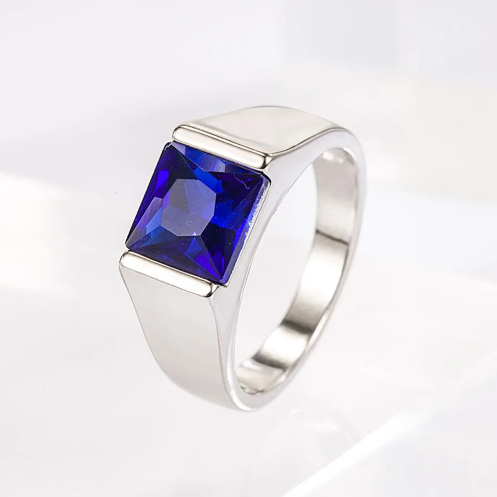 WOSIKATE Trendy Men's Ring With Geometric Square Sapphire Simple Atmosphere Male Business Ring Fashion Jewelry Size 6-10