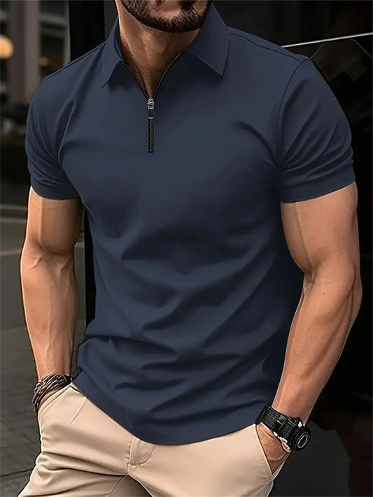 Summer Tiki Men's Business Casual Simple Solid Color Durable Office Small Zipper Lapel Short Sleeve Trend Men's POLO Shirt