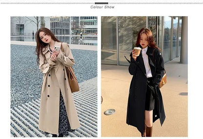 Streetwear Loose Trench Coat Midi Length Fashion Korean Elegant Khaki Black Women's Windbreaker Coat Casual Double Breasted Tops