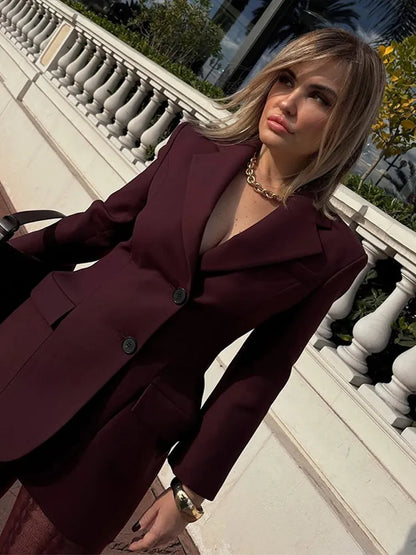 Elegant Suit Collar Shoulder Pads Blazer Women Slim Fit Single Breasted Long Sleeved Jackets Female 2025 Spring High Street Tops