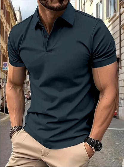 Men's solid color short-sleeved button-down lapel T-shirt casual top