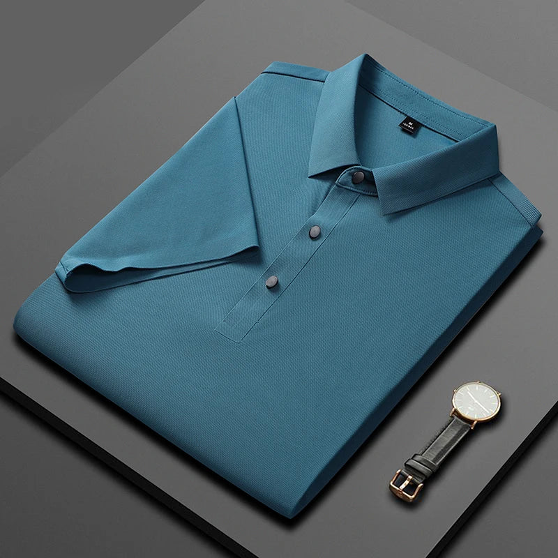 Golf Solid Ice Silk Traceless Silk Loose Polo Shirt Short Sleeve T-shirt Men's Elastic Ironless Thin Polo Neck Light Luxury