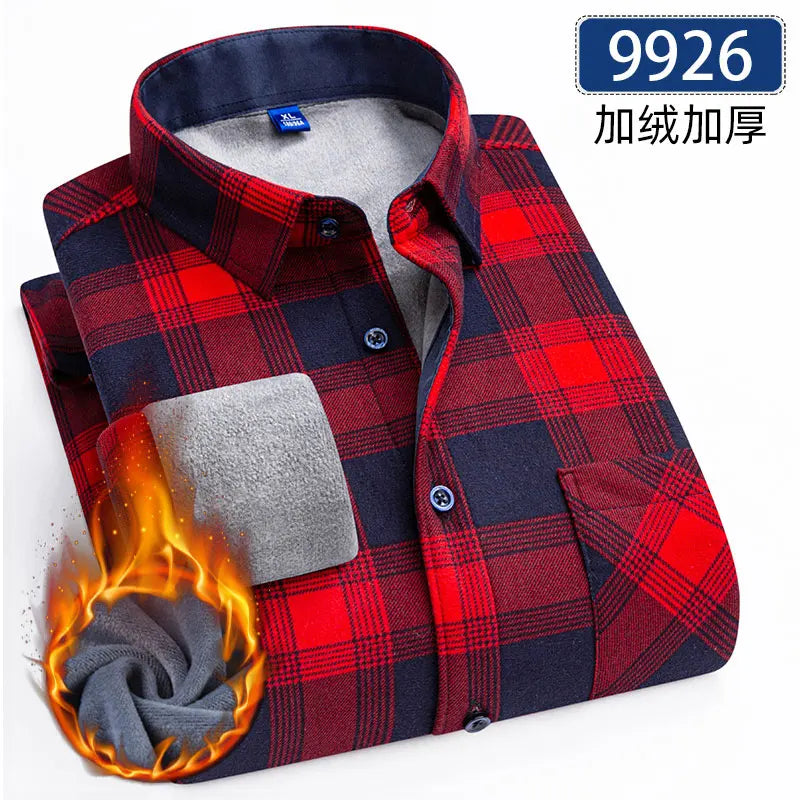 New 5XL men's shirt autumn and winter plus fleece thickened warm long sleeve non-ironing plaid business casual slim-fit fashion