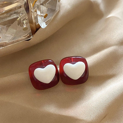 Vintage Dripping Oil Wine Red Retro Stud Earrings For Women Korean Pearl Flower Heart Shape Geometric Earring High Sense Jewelry