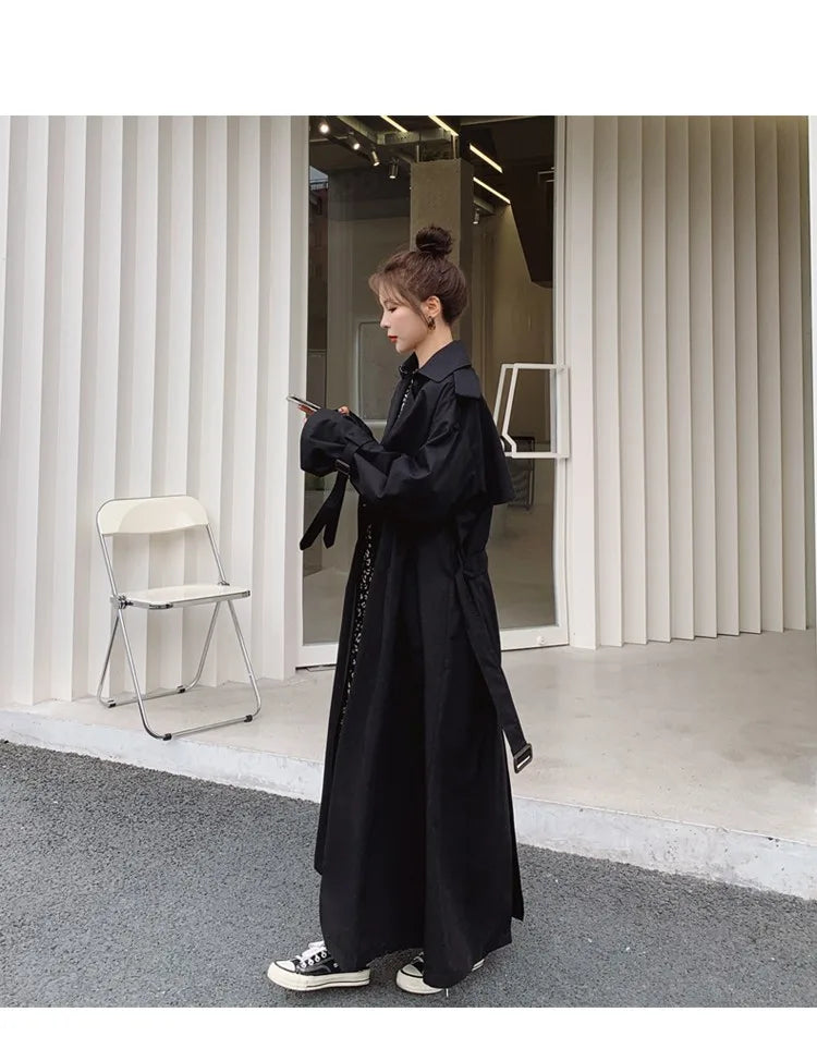 Lautaro Spring Autumn Extra Long Flowy Oversized Casual Trench Coat for Women Belt Double Breasted Loose Korean Fashion 2025