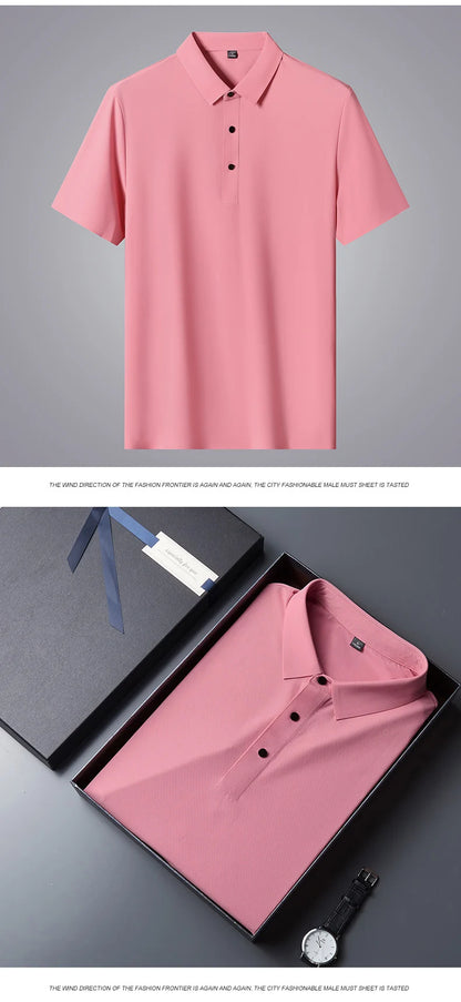 Golf Solid Ice Silk Traceless Silk Loose Polo Shirt Short Sleeve T-shirt Men's Elastic Ironless Thin Polo Neck Light Luxury