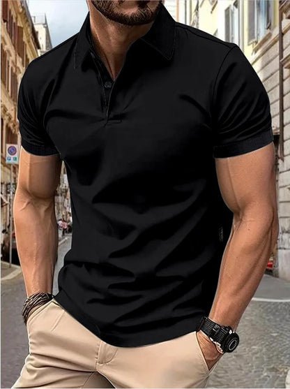 Men's solid color short-sleeved button-down lapel T-shirt casual top