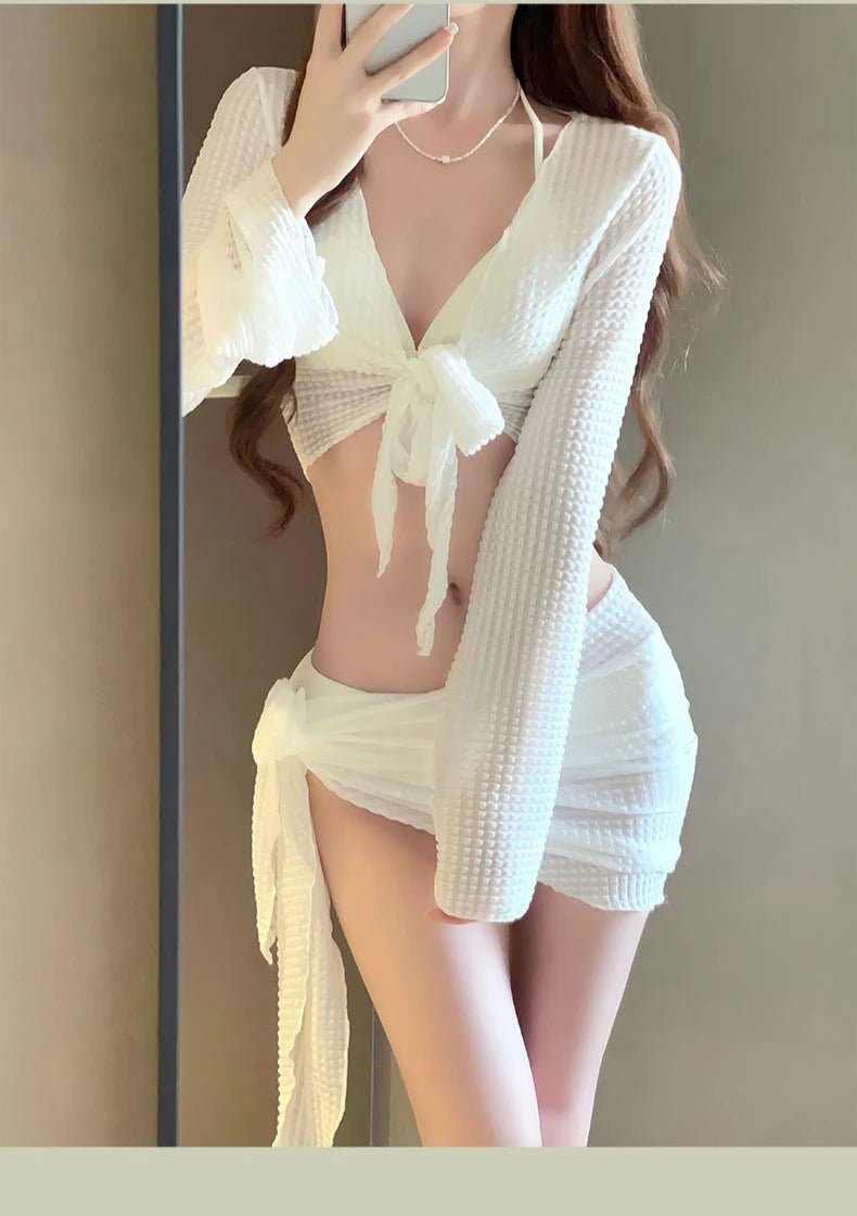 Sexy Bikinis Sets Women White Swimsuit Beach Wear Long Sleeve Swimsuit Cover Ups for Swimwear Women Swimming Pool Party Bikinis