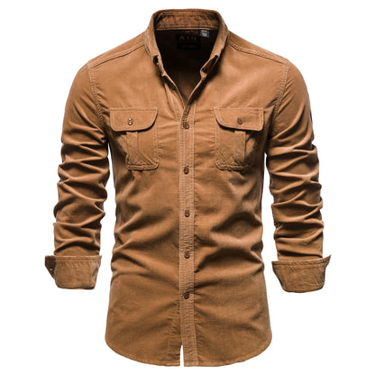 2021 New Single Breasted 100% Cotton Men's Shirt Business Casual Fashion Solid Color Corduroy Men Shirts Autumn Slim Shirt Men