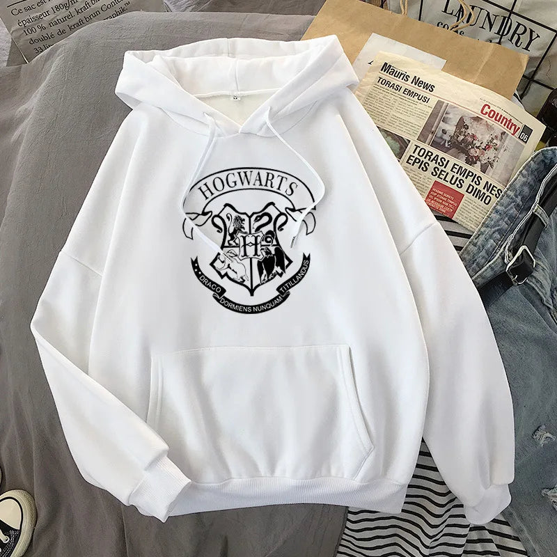 Fashion y2k Hogwarts Printed Hoodies Women Sweatshirt Autumn Winter Long Sleeves Plus Velvet Casual Loose Fleece Tops Oversized