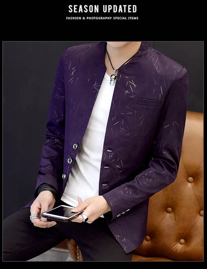 Men's Printed Small Suit Male Korean Version of The Self-cultivation Stand-up Collar Chinese Tunic Casual Suit Thin Jacket Youth