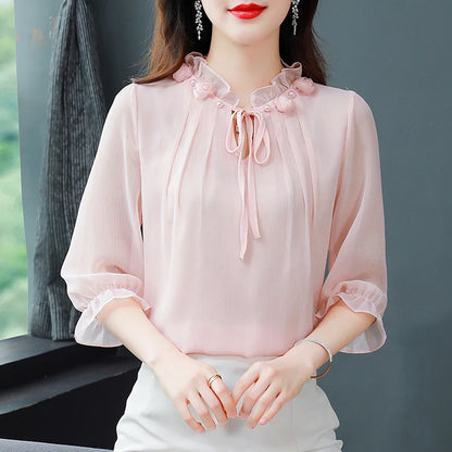 M-4XL Spring Summer Women Tops 2025 New Fashion Chiffon Blouse Petal Collar Half Sleeve Bow tie Loose Casual Shirt