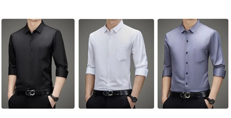 100% Mulberry Silk Shirt Men High Quality Long Sleeve Pocket High-end Business Casual Elastic Anti-wrinkle Non-iron Mens Shirts