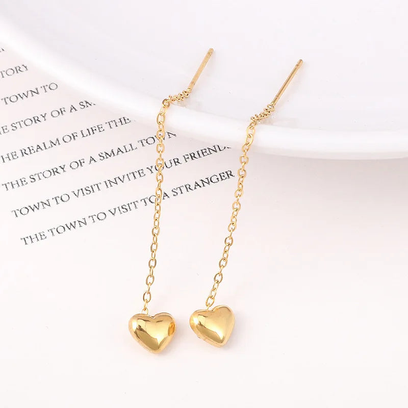 Stylish Cute Heart Butterfly Stainless Steel Gold Plated Not Fade Long Drop Earrings Ear Wire Ladies Women Gift Fashion Jewelry