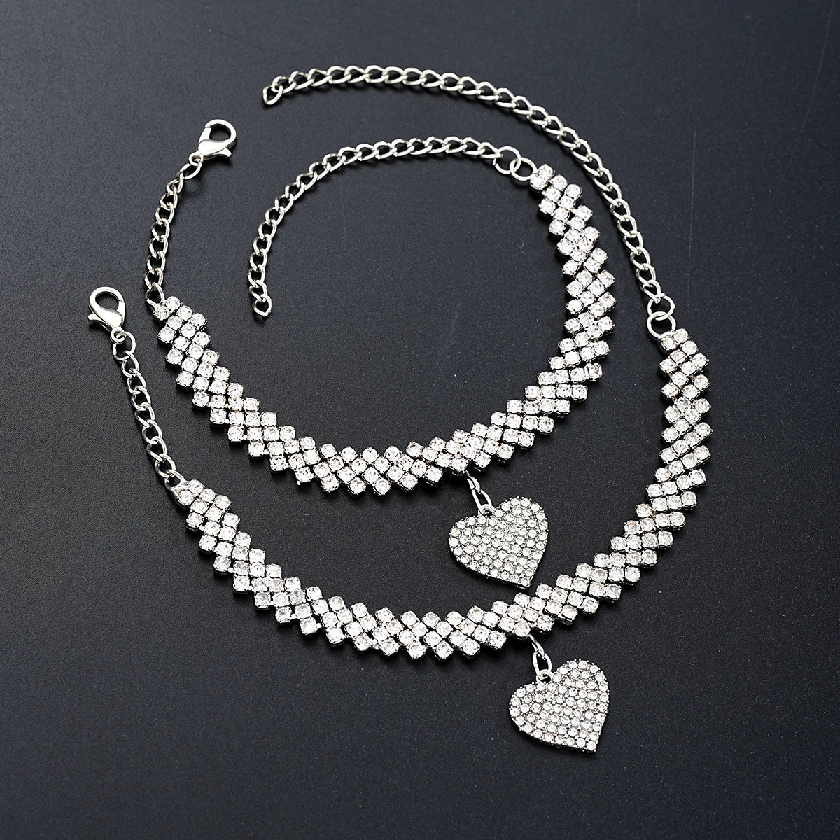 2 Pcs Fashion Silver Color Rhinestone Heart Pendant Anklet for Women Ins Bling Love Foot Ankle Bracelet Set Chain Jewelry Gifts