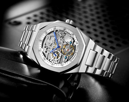 Forsining Silver Automatic Watch Men 3D Diamond Dial Irregular Tourbillon Skeleton Mechanical Wristwatches Luminous Hands Clock