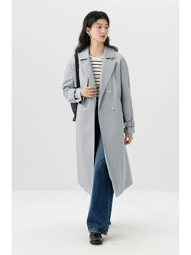 ZIQIAO Simple Double Breasted Long Straight Spring Trench Raglan Sleeve Turn-down Collar Female Blue Grey Trench Coat 24ZQ91232