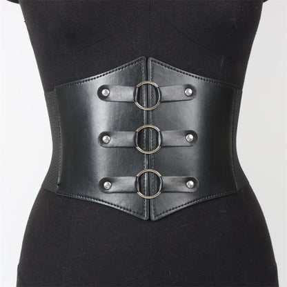 Fashionable Gothic Corset Belt Triple Buckle with Black Rivet Studs Elastic Waspie Waistband for Punk Women Perfect for Coats