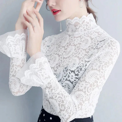 Sexy Transparent Long Sleeve Top Women 2025 Fashion Autumn Winter Basic Lace Blouses White Black Hollow Blusas Mujer Oversized